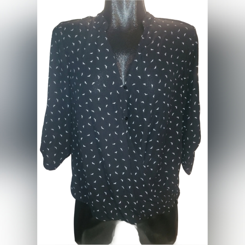 Staccato Black with White Bird Print Blouse Size S